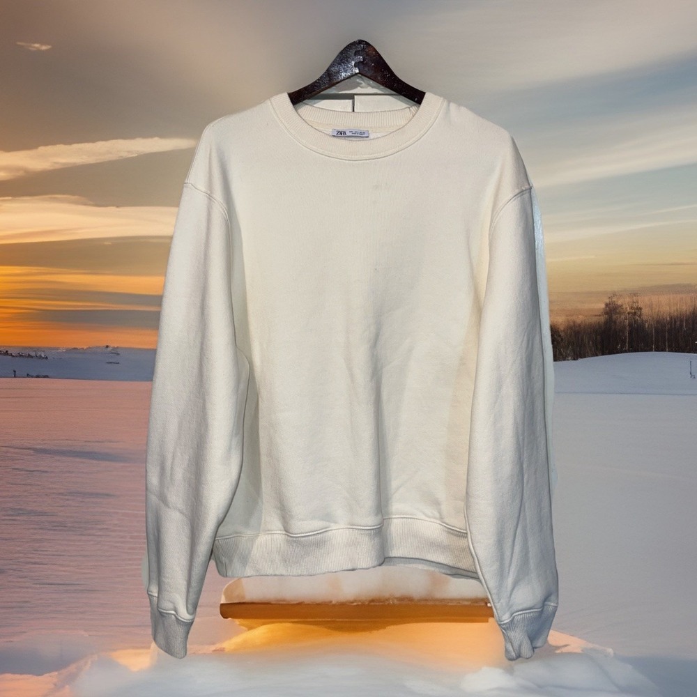 Zara Sweatshirt Men Large Ivory Crew Neck Warm Cozy‎